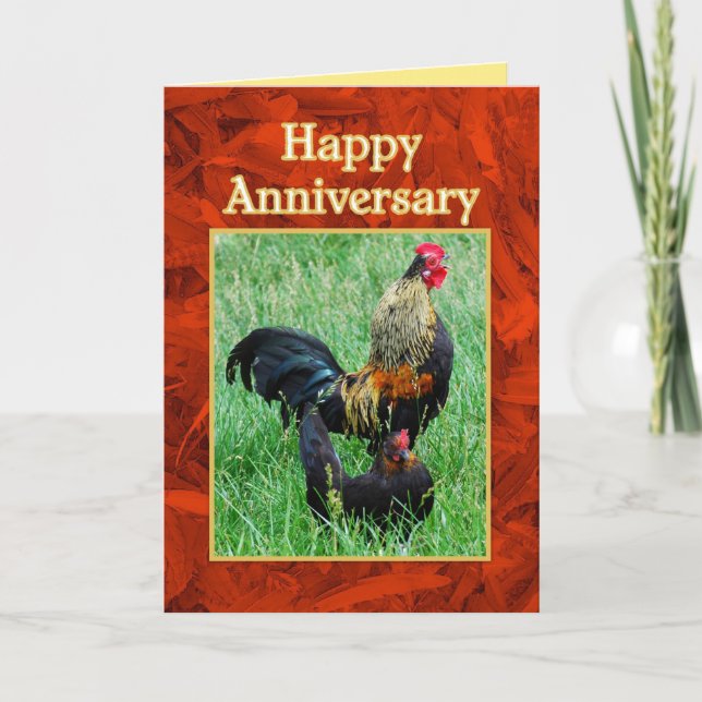 Happy Anniversary Rooster and Hen Red Feathers Card (Front)