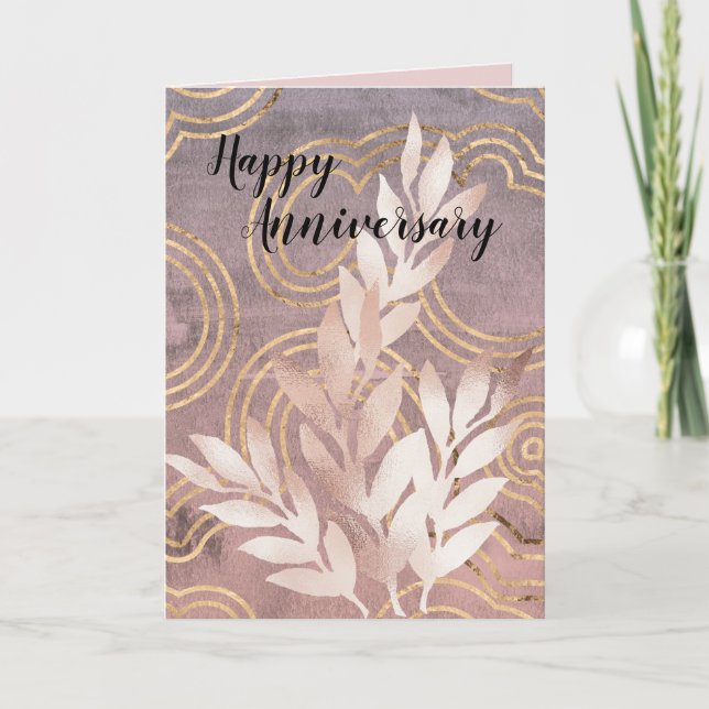 Happy Anniversary Rose Gold Leaves Greeting Card (Front)