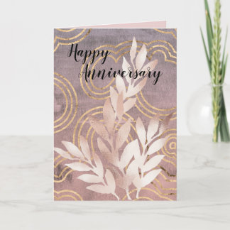 Happy Anniversary Rose Gold Leaves Greeting Card