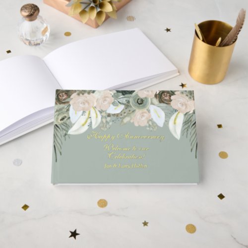 Happy Anniversary Sage  Cream Floral Foil Guest Book