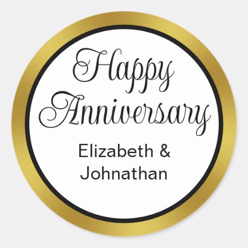 Happy Anniversary Script & Names Black White Gold Classic Round Sticker