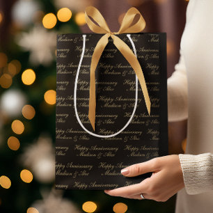 Happy Anniversary Script with Name Black Gold Medium Gift Bag