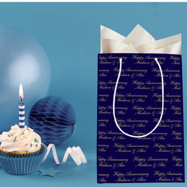 Happy Anniversary Script with Name Blue Gold Medium Gift Bag (Creator Uploaded)