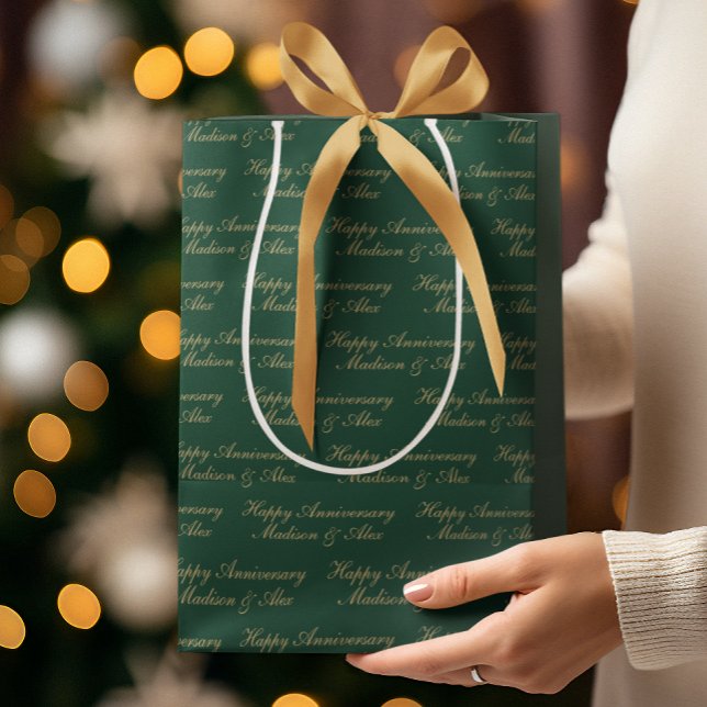 Happy Anniversary Script with Name Green Gold Medium Gift Bag (Creator Uploaded)