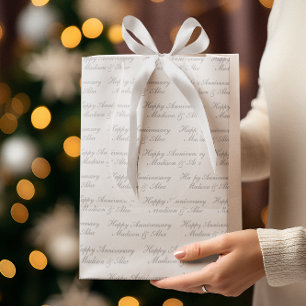 Happy Anniversary Script with Name White Silver Medium Gift Bag