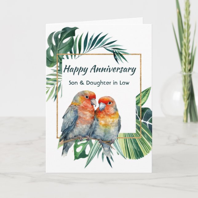Happy Anniversary Son & Daughter-in-law Parrots Card (Front)