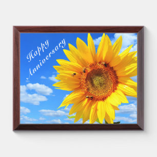 Happy Anniversary - Sunflower and Bees on Blue Sky Award Plaque