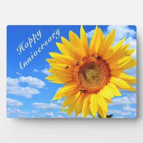 Happy Anniversary _ Sunflower and Bees on Blue Sky Plaque