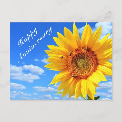 Happy Anniversary _ Sunflower and Bees on Blue Sky Postcard