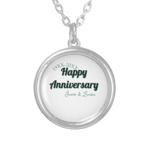 Happy anniversary wedding name date year green bla silver plated necklace