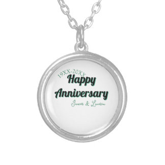 Happy anniversary wedding name date year green bla silver plated necklace