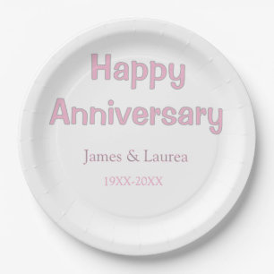 Happy anniversary wedding name date year pink gray paper plates