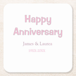 Happy anniversary wedding name date year pink gray square paper coaster