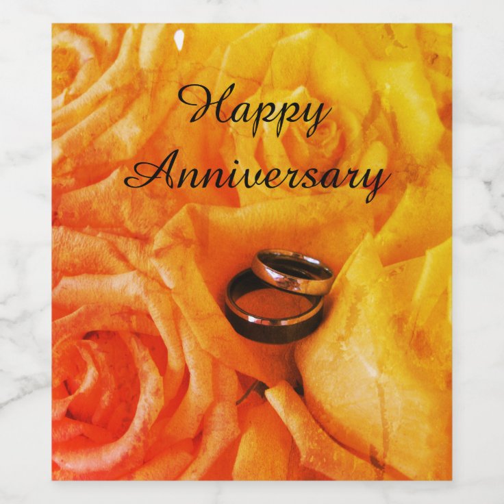 Happy Anniversary Wedding Rings Yellow Roses Wine Wine Label | Zazzle