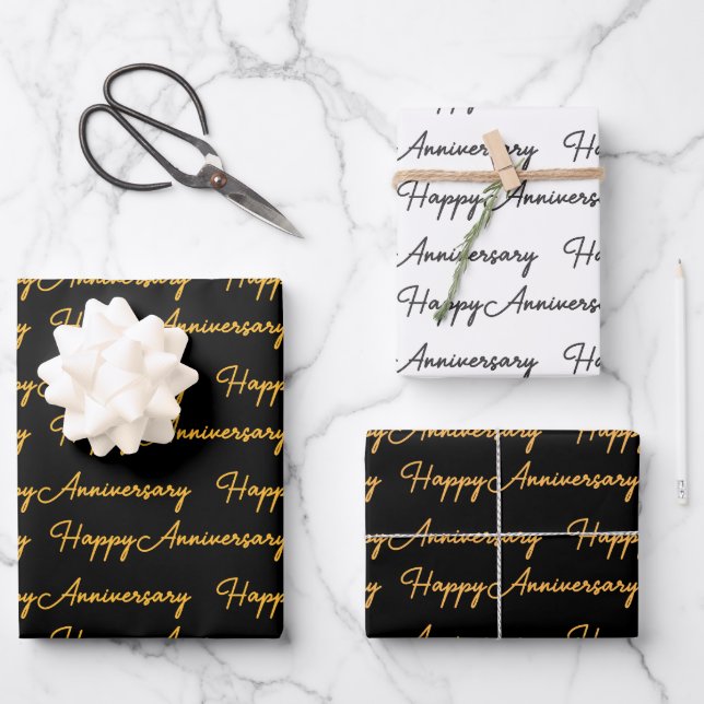 Happy AnniversaryGold Black Text Pattern Wrapping Paper Sheets (Front)