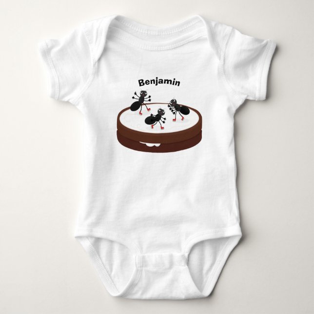 Happy ants ice skating on cookie cartoon baby bodysuit (Front)