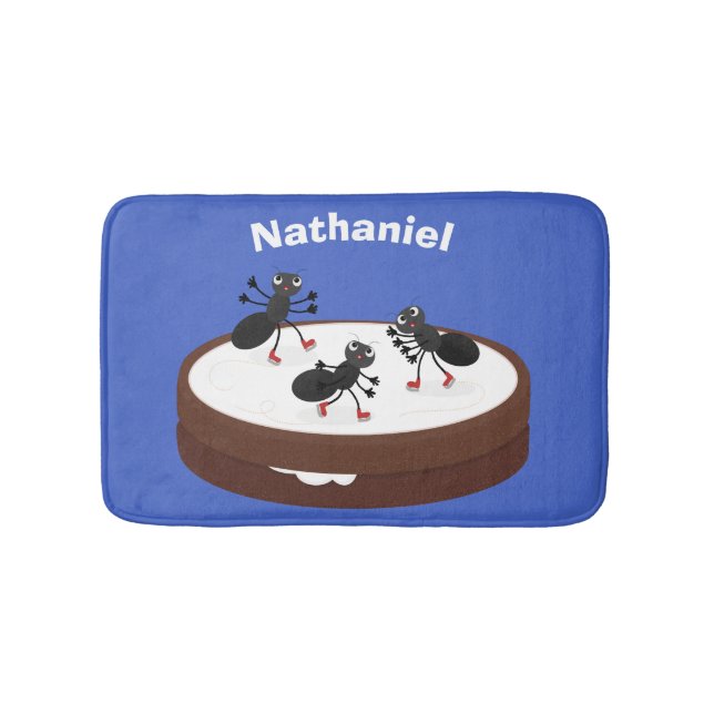 Happy ants ice skating on cookie cartoon bath mat (Front)
