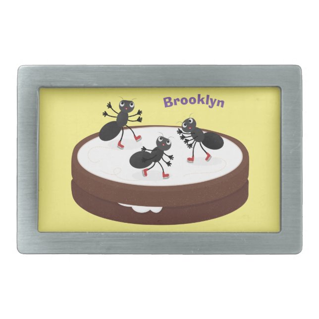 Happy ants ice skating on cookie cartoon belt buckle (Front)
