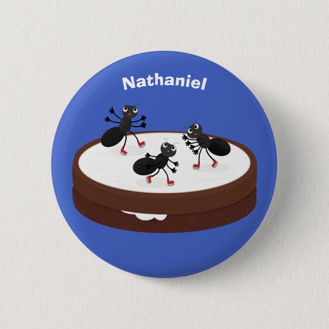 Happy ants ice skating on cookie cartoon button (Front)