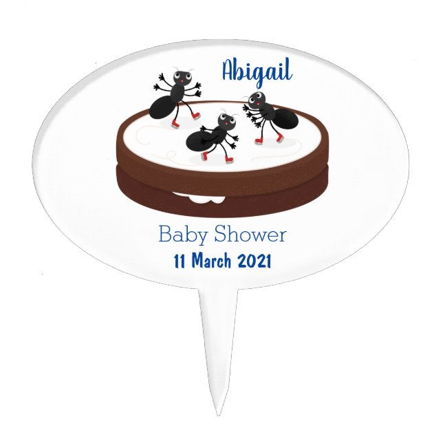 Happy ants ice skating on cookie cartoon cake topper (Front)