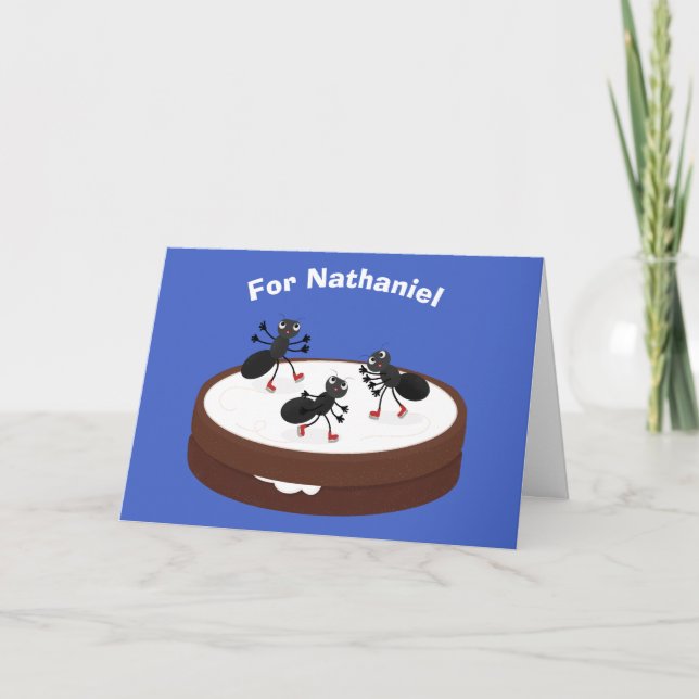 Happy ants ice skating on cookie cartoon card (Front)