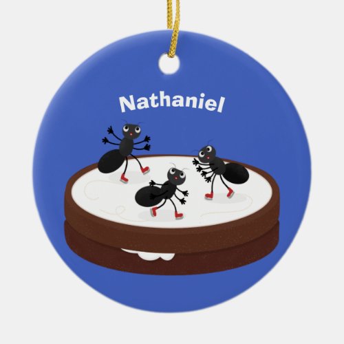 Happy ants ice skating on cookie cartoon ceramic ornament