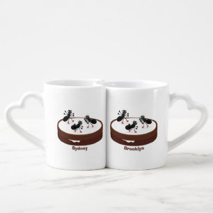 Happy ants ice skating on cookie cartoon coffee mug set