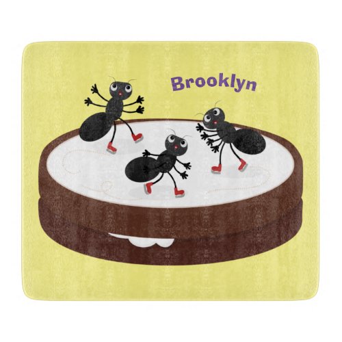 Happy ants ice skating on cookie cartoon cutting board