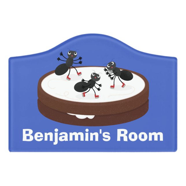 Happy ants ice skating on cookie cartoon door sign (Small Crest Front)
