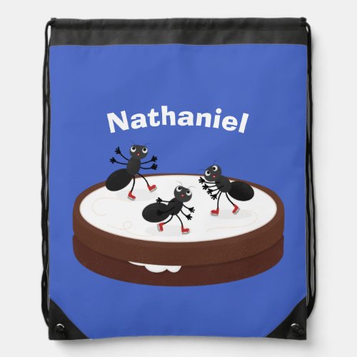 Happy ants ice skating on cookie cartoon drawstring bag