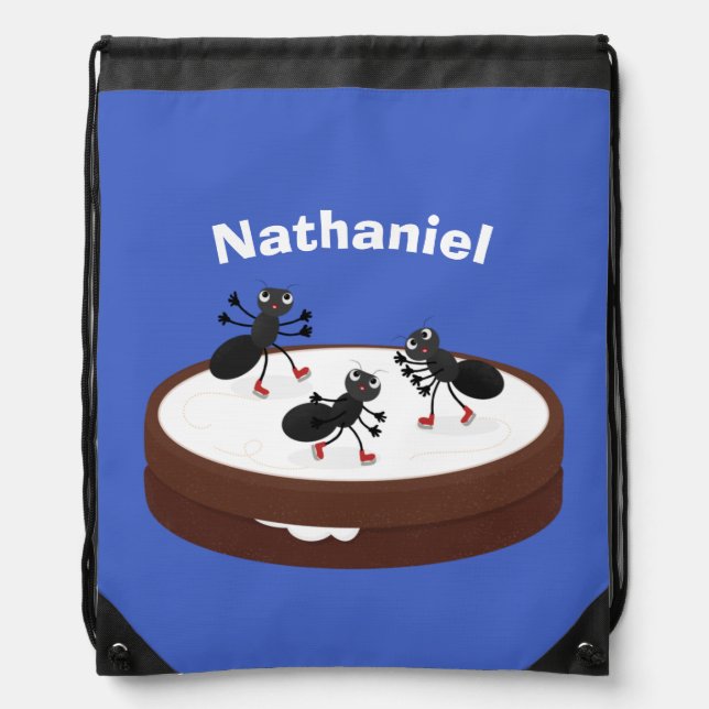 Happy ants ice skating on cookie cartoon drawstring bag (Front)