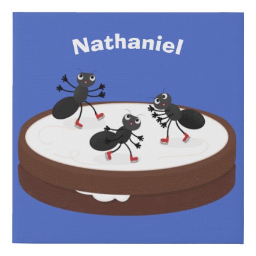 Happy ants ice skating on cookie cartoon faux canvas print