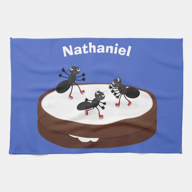 Happy ants ice skating on cookie cartoon kitchen towel (Horizontal)