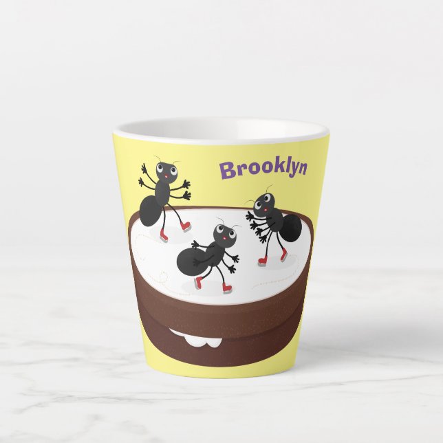 Happy ants ice skating on cookie cartoon latte mug (Front)