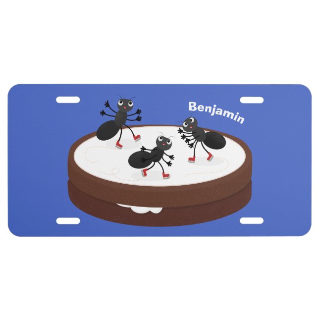 Happy ants ice skating on cookie cartoon license plate (Front)
