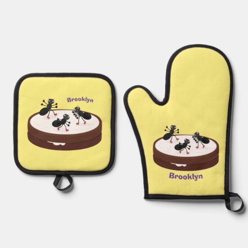 Happy ants ice skating on cookie cartoon oven mitt  pot holder set