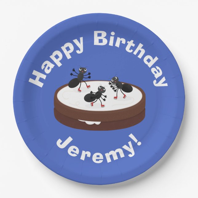 Happy ants ice skating on cookie cartoon paper plates (Front)