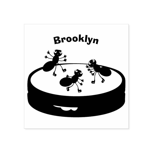 Happy ants ice skating on cookie cartoon rubber stamp (Imprint)