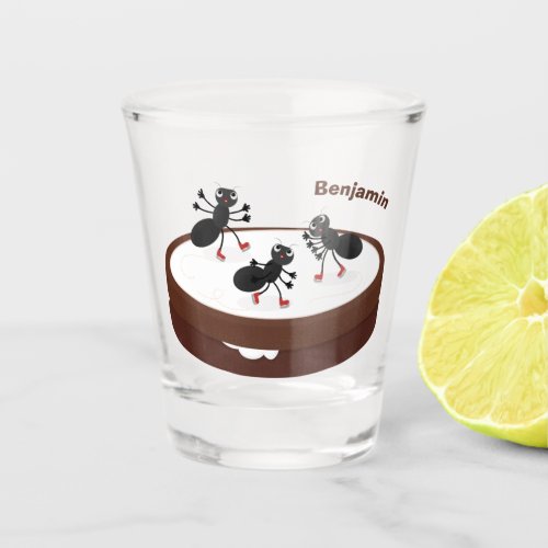 Happy ants ice skating on cookie cartoon shot glass