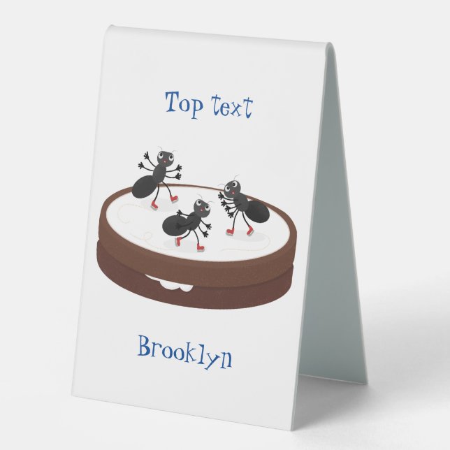 Happy ants ice skating on cookie cartoon table tent (Front)