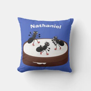 Happy ants ice skating on cookie cartoon throw pillow