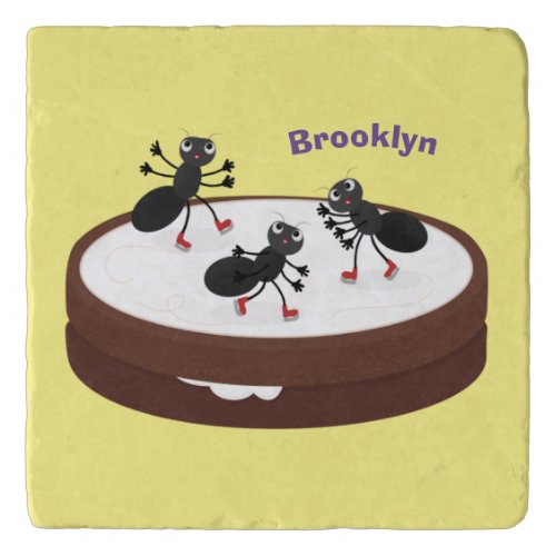 Happy ants ice skating on cookie cartoon trivet