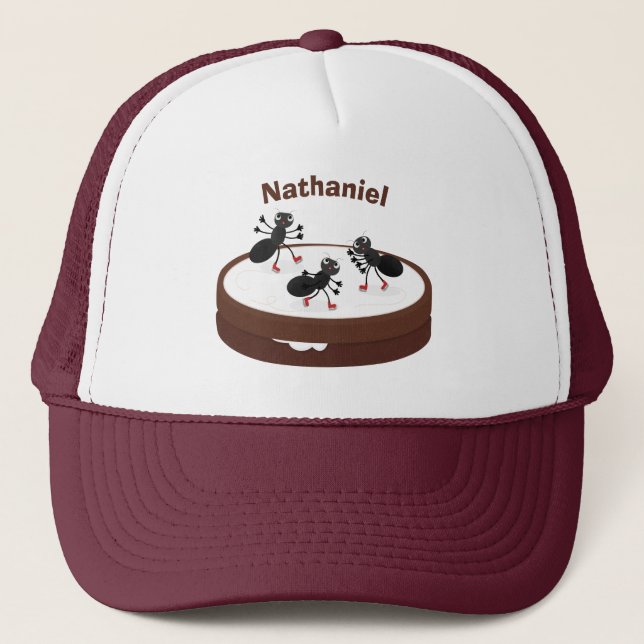 Happy ants ice skating on cookie cartoon trucker hat (Front)