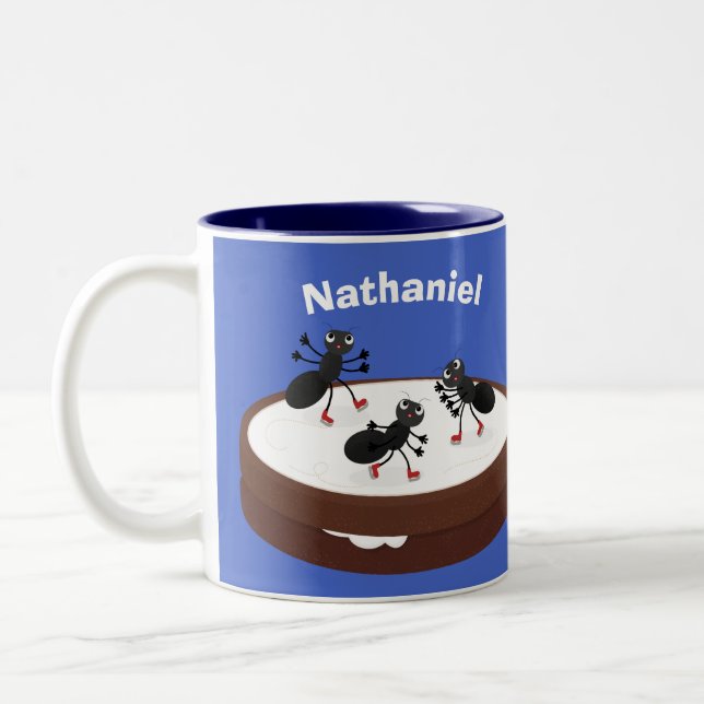 Happy ants ice skating on cookie cartoon Two-Tone coffee mug (Left)
