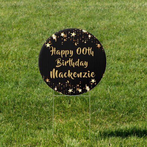 Happy Any Age Birthday Black and Gold Stars Sign