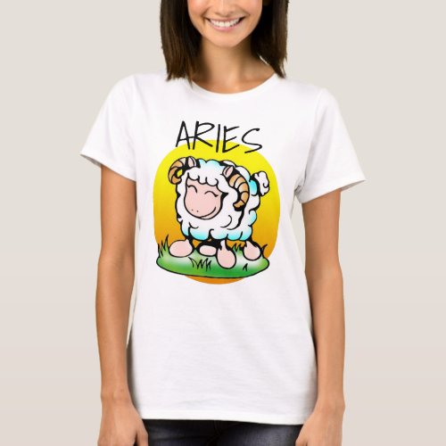 Happy Aries Ram Cartoon on Grass T_Shirt