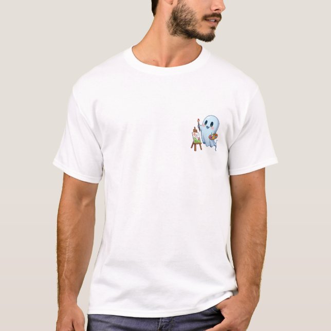 Happy Artist Ghost Painting on Easel Illustration T-Shirt (Front)