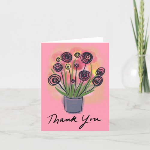 Happy Artsy Pink Floral Bouquet  Thank You Card