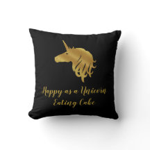Happy as a Unicorn Eating Cake Pillow in Black