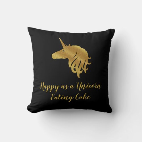 Happy as a Unicorn Eating Cake Pillow in Black
